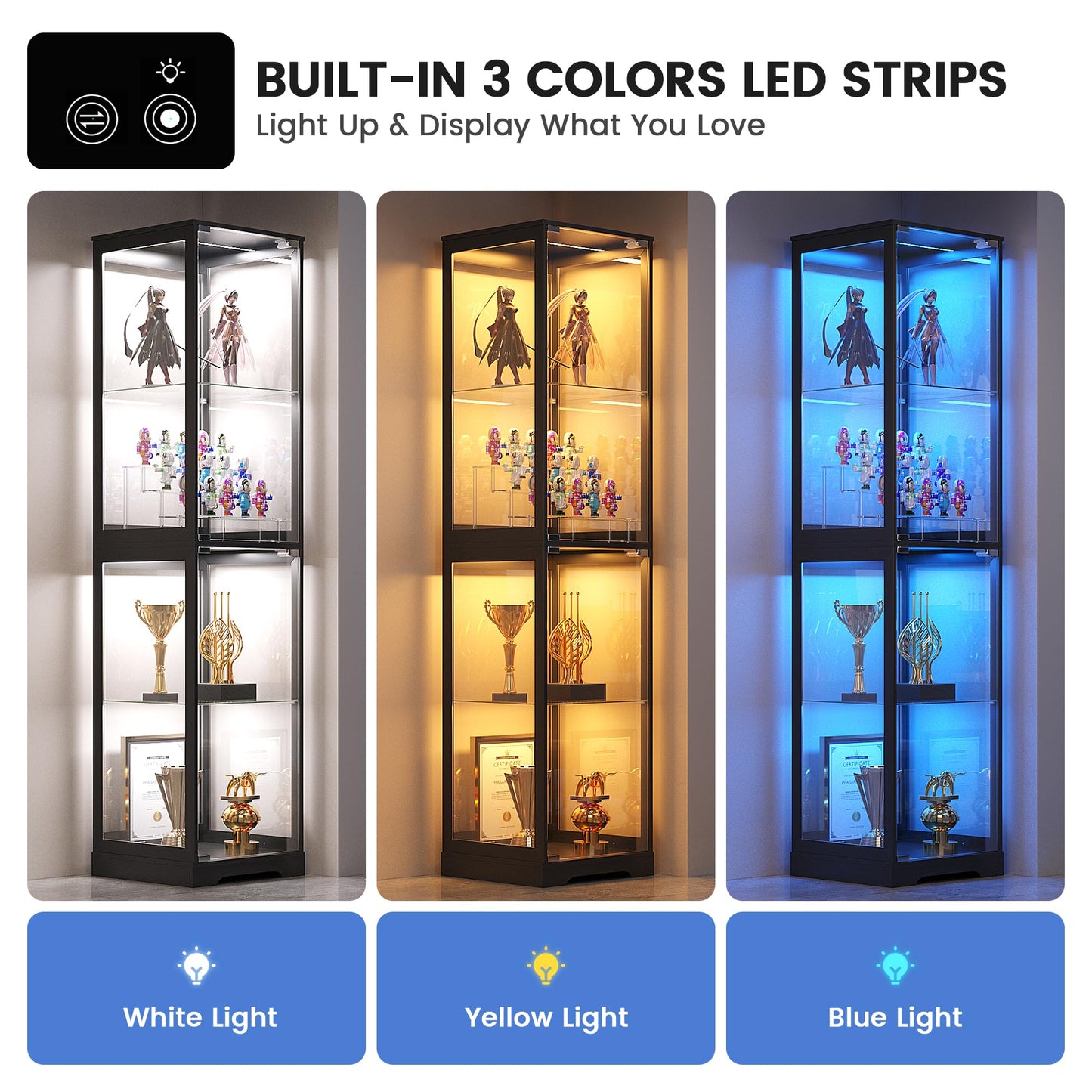 FREDEES Glass Display Cabinet with LED Lights, 165CM Tall, Black