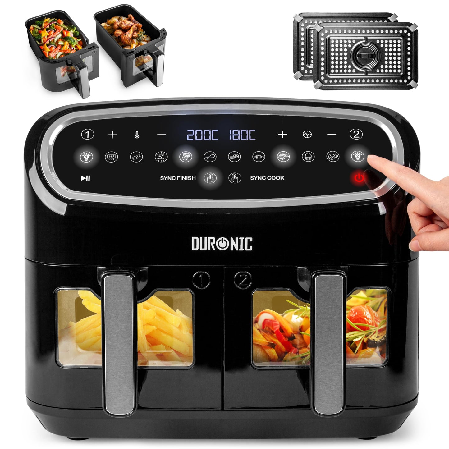 Duronic AF24 Dual Air Fryer, 10L Large Capacity Digital Air Fryer with Dual Zone Baskets, 10 Cooking Presets, Sync Cook & Finish, 2400W Fast Cooking,