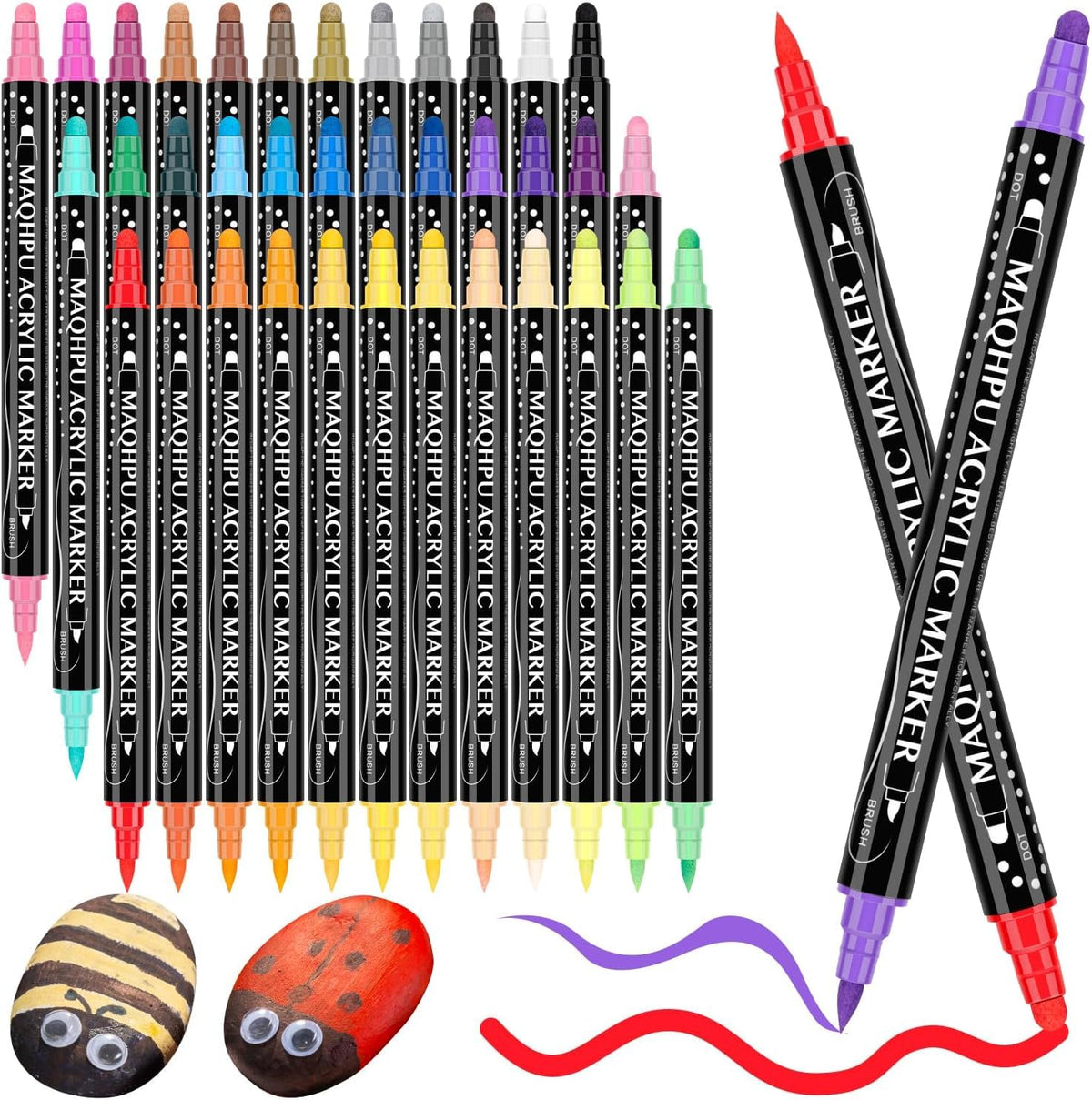 Maqhpu Acrylic Paint Pens, 36 Colours Paint Markers Dual tip Acrylic Markers for Rock Painting Stone Glass Ceramic Wood Metal, Gifts for 4-12 Year Old