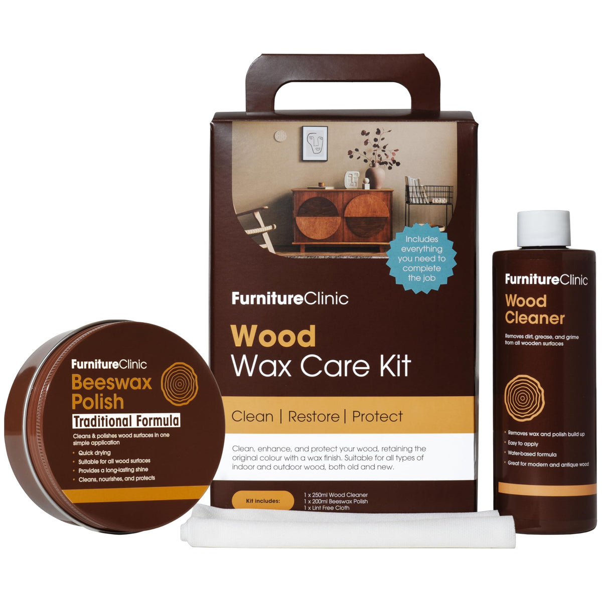 Wood Wax Kit - Use to Clean, Wax, Polish & Protect All Items Such as Furniture, Worktops & Doors - Contains 250ml Wood Cleaner, 200ml Clear Beeswax