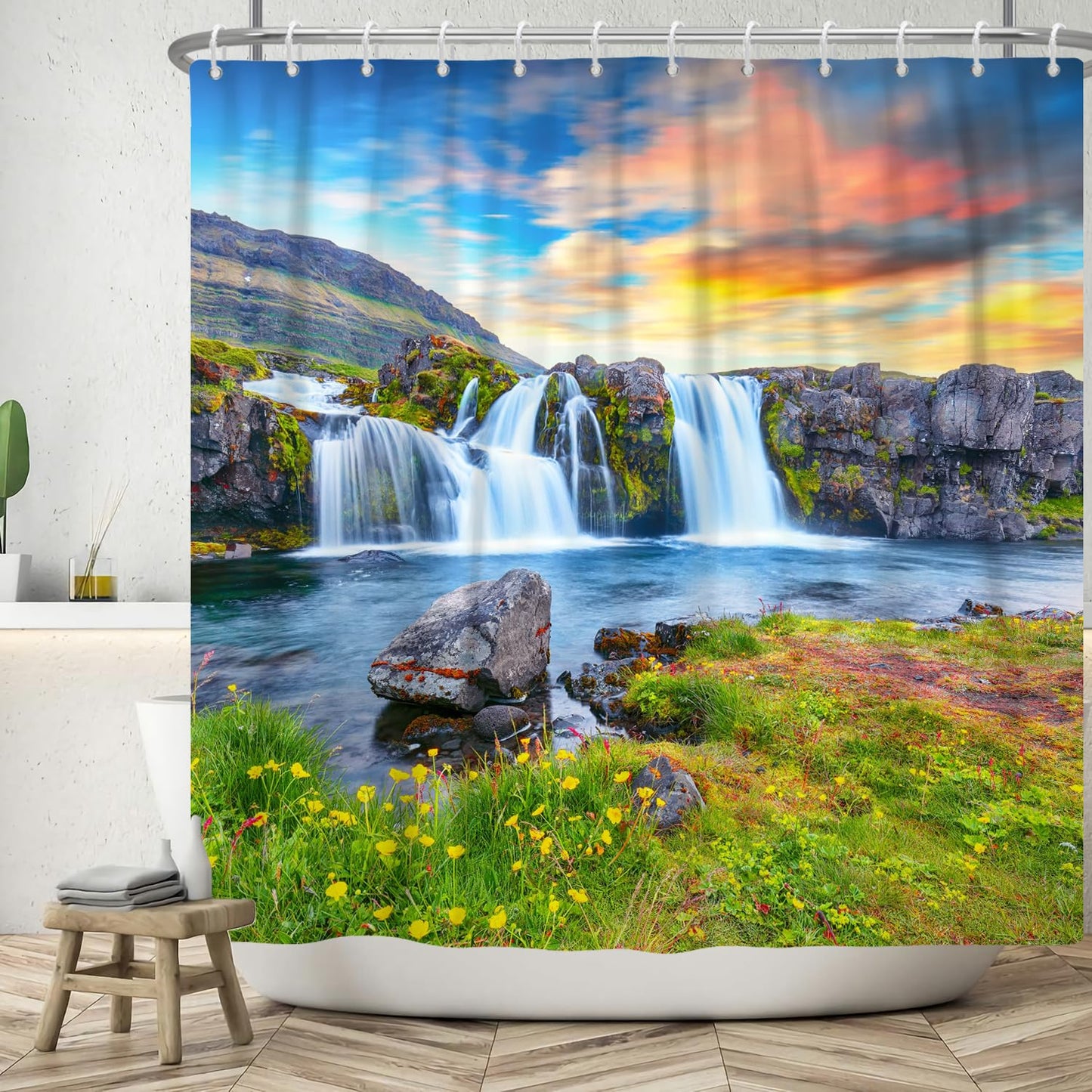 ASDCXZ Shower Curtain 180x180 cm, Natural Landscape Mountains and Rivers Waterfall Flowers Grass Washable Bath Shower Curtains Polyester Textile
