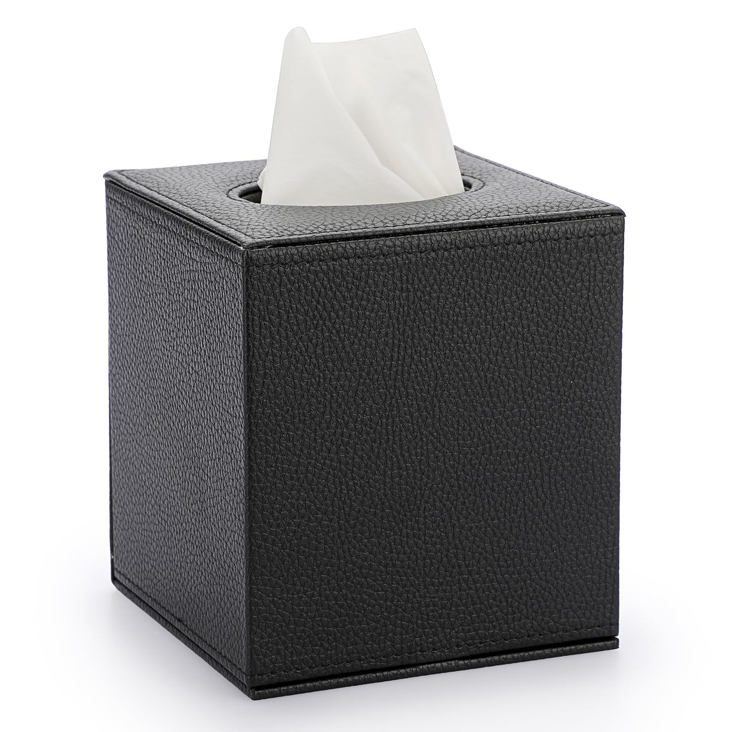 BTSKY PU Leather Cube Tissue Holder Box - Household/Office Square Tissue Box Cover, Textured Tissue Paper Box Case Napkin Holder, Black