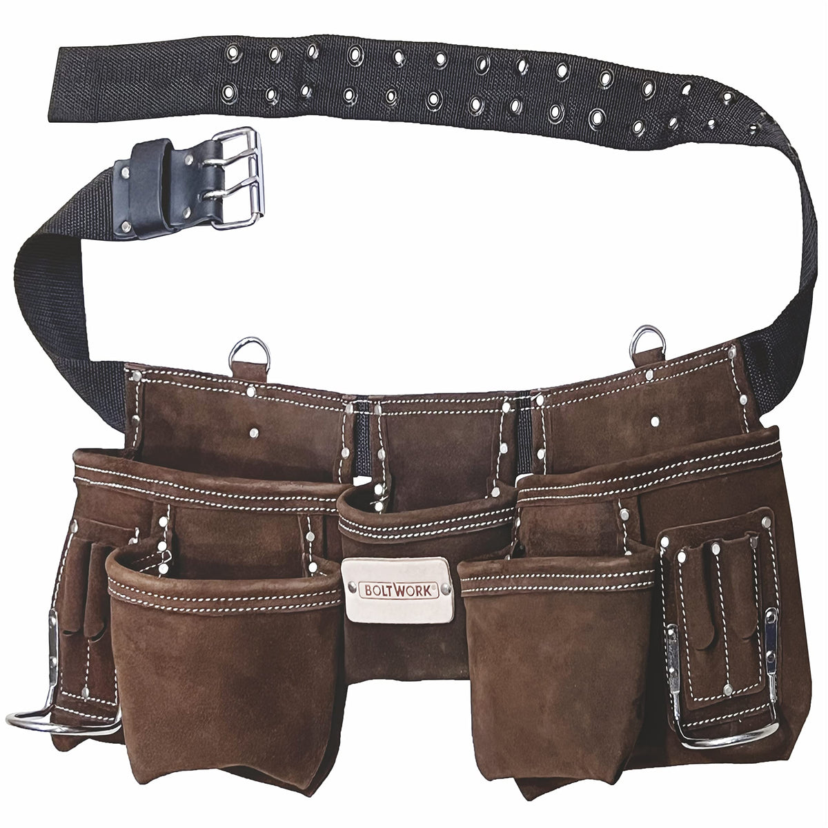 BOLTWORK Leather Tool Pouch Nail Pouch PRO Heavy Bag Organizer Hands Tools with Adjustable Waist Nylon Belt Metal Buckle to fit Small to XXL Waist