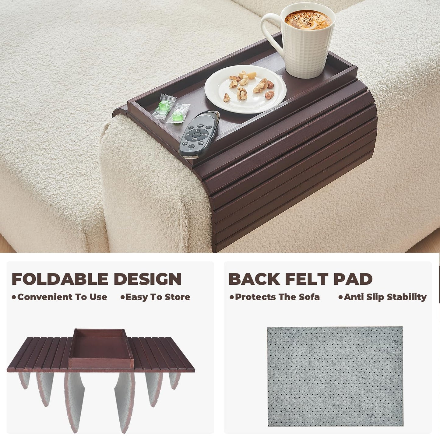 LOVYANXUE Bamboo Sofa Arm Tray, Anti Falling Couch Arm Tray Table, Foldable Couch Armrest Table, Portable Sofa Armrest Trays Cup Holder for Drink