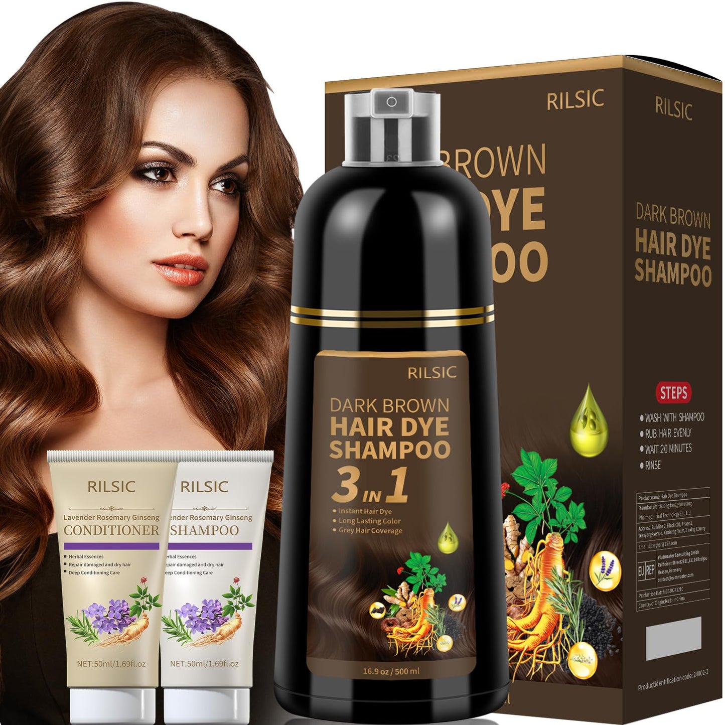 600ML Dark Brown Hair Dye Shampoo for Grey Hair Beard Coverage, 3 in 1 Instant Colour Shampoo for Men&Women
