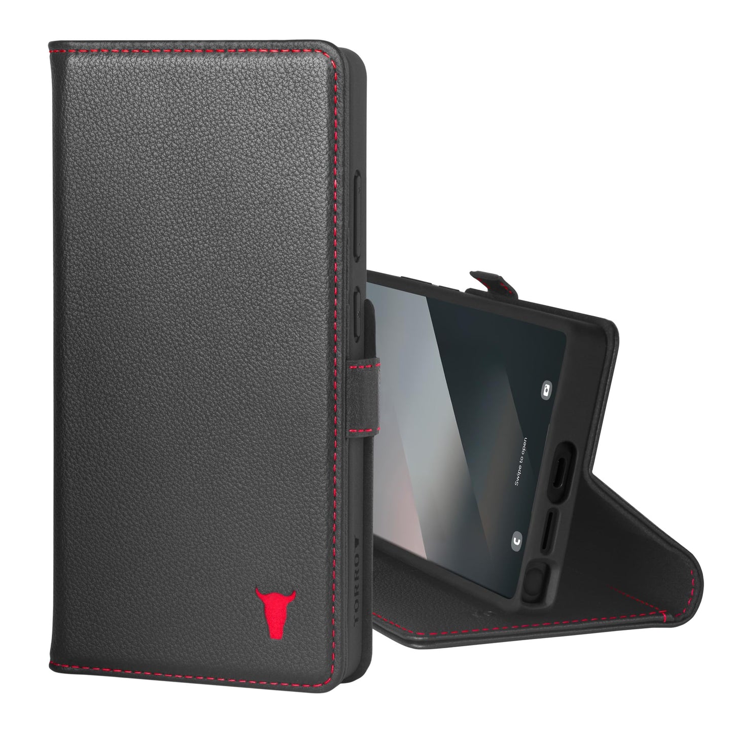 TORRO Leather Case Compatible with Samsung Galaxy S25 Ultra 5G 2025 ? Premium Leather Wallet Case with Kickstand and Card Slots (Black with Red