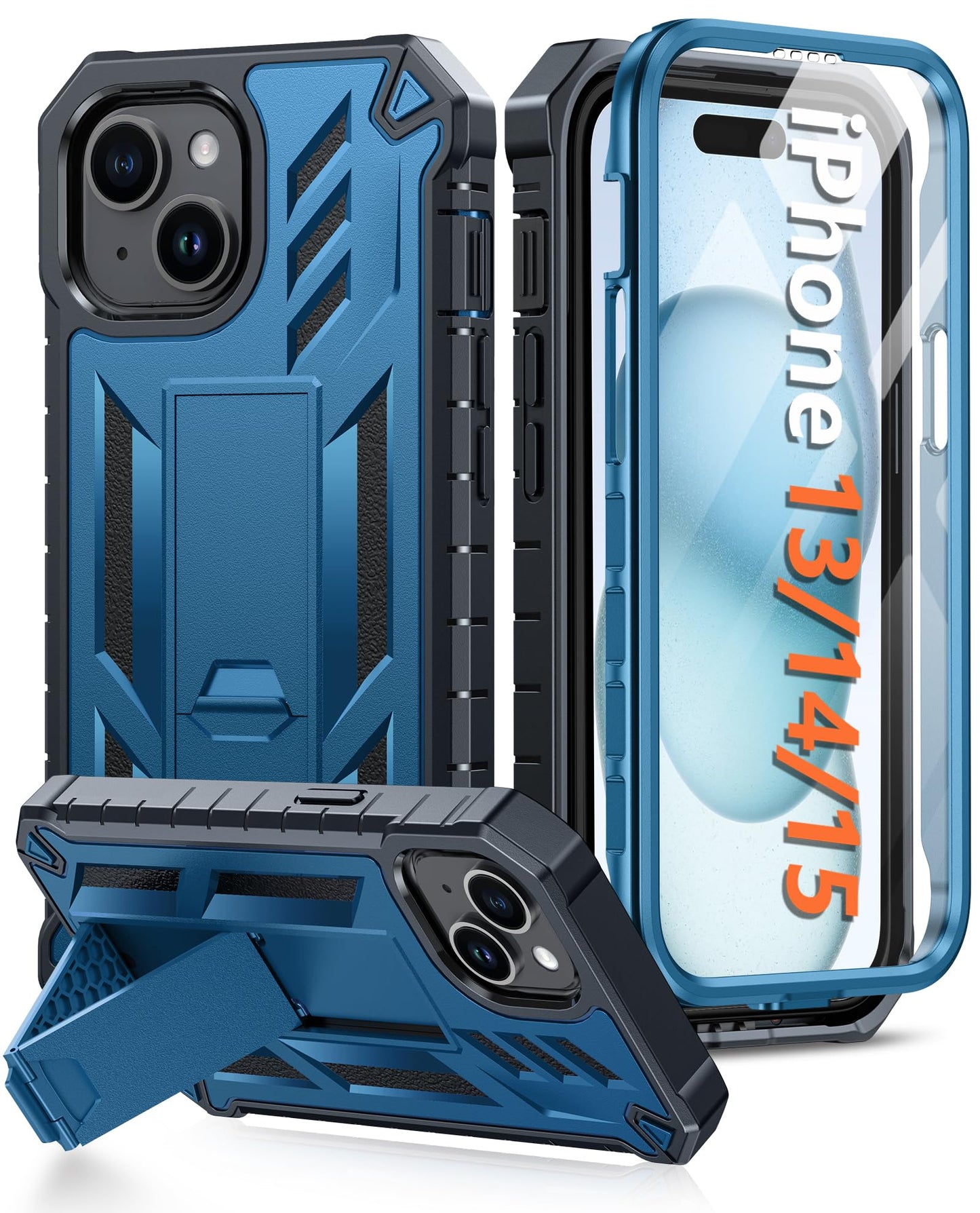 FNTCASE for iPhone 15/14/13 Case: Shockproof Military Grade Protective Cover with Kickstand - Dual Layer Matte Drop Proof 6.1 Inch - Blue