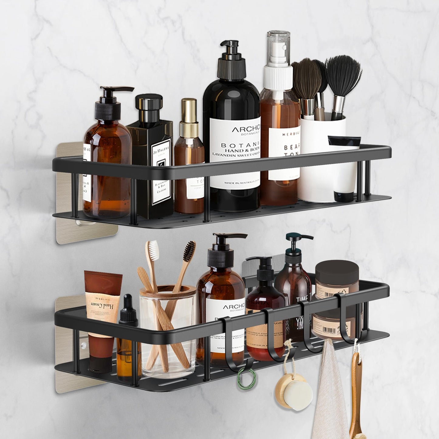 Shower Caddy Rustproof, Withosent 2 Pack Bathroom Shelf Organiser No Drilling,Aluminium Shower Shelves Self-Adhesive with 4 Hooks Shower Organiser
