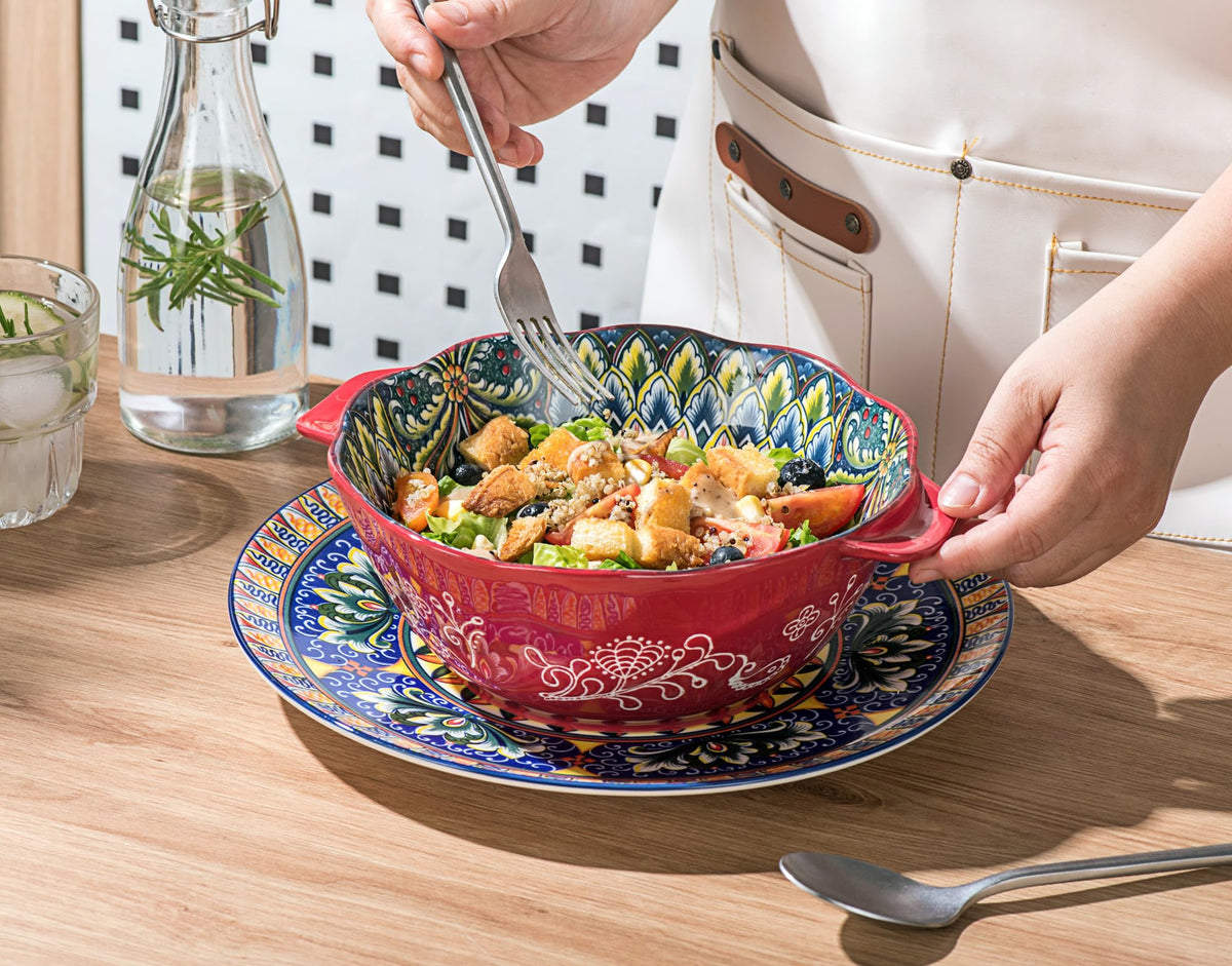 Salad Bowl with Handle, Large Porcelain Serving Bowls Set of 2-49 Oz, 1450ml Bohemian Ceramic Bowl for Ramen/Soup/Fruit/Salad, Colourful Bowl Set -