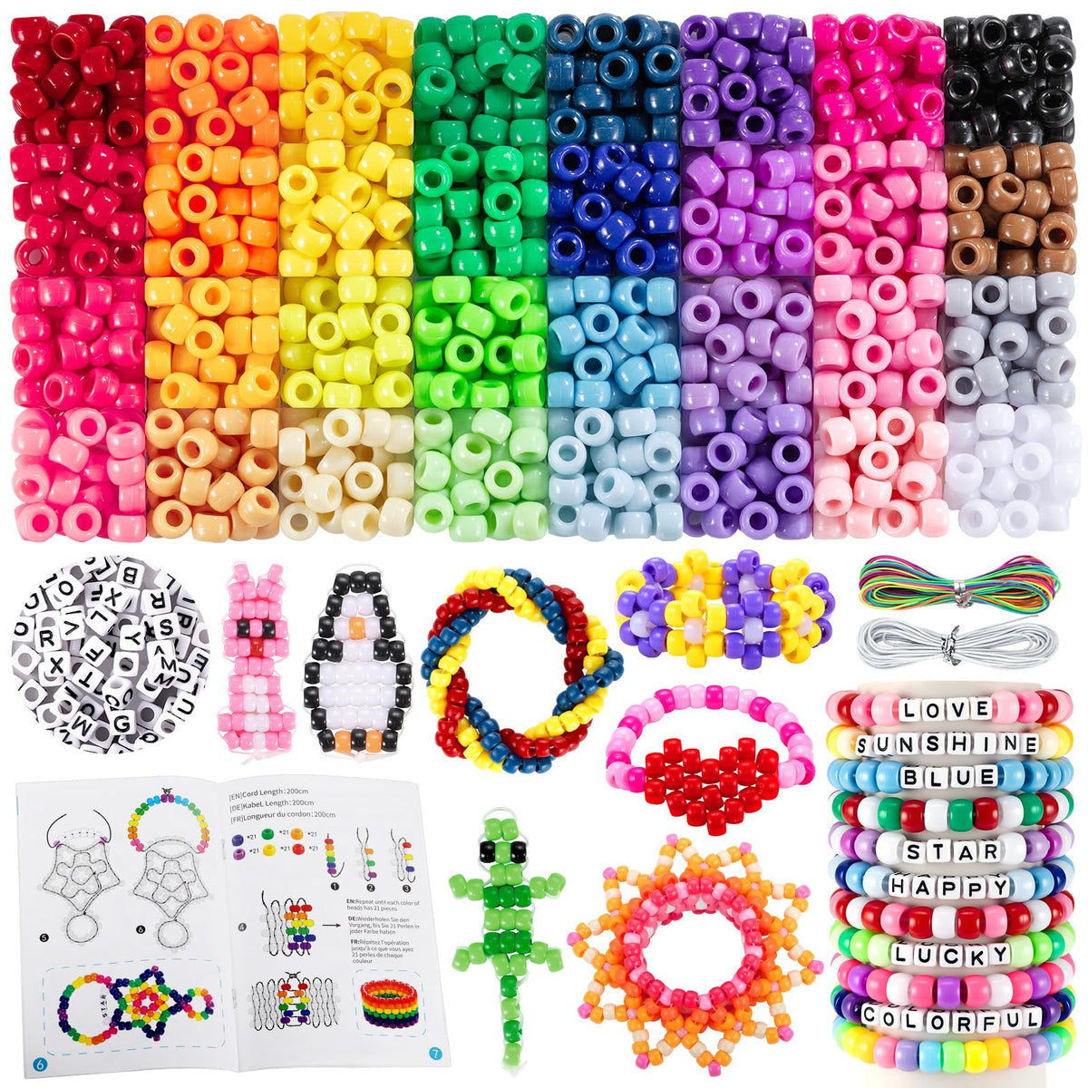 Zefy 32 Colors Pony Beads for Bracelets and Crafts, 2000+ Pcs Kandi Beads with 10 Kandi Cuff Designs and 6 Bead Pets Designs, Bracelet Making Kit with