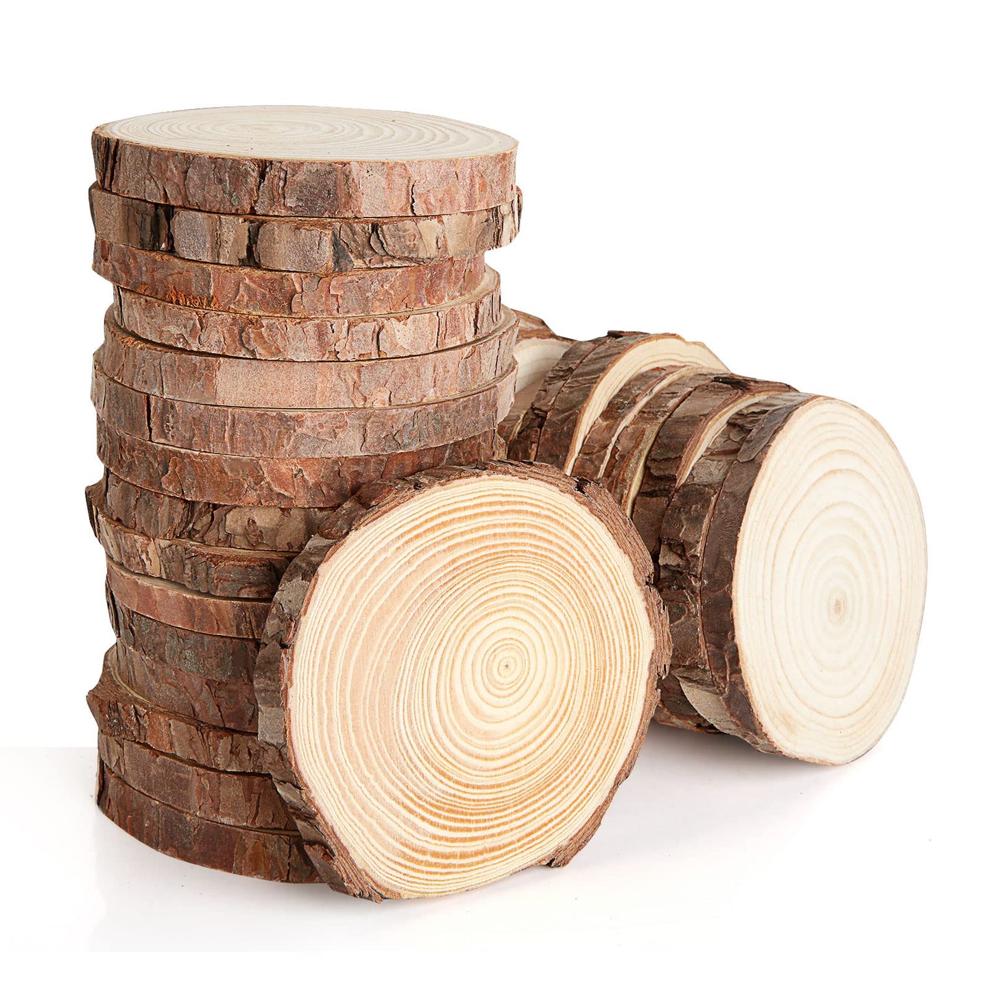 YOUNTHYE 30PCS Unfinished Natural Wood Slices, 9-10cm Log Slices Wooden Circles with Bark, Craft Wood Slices for Wedding Decorations Christmas