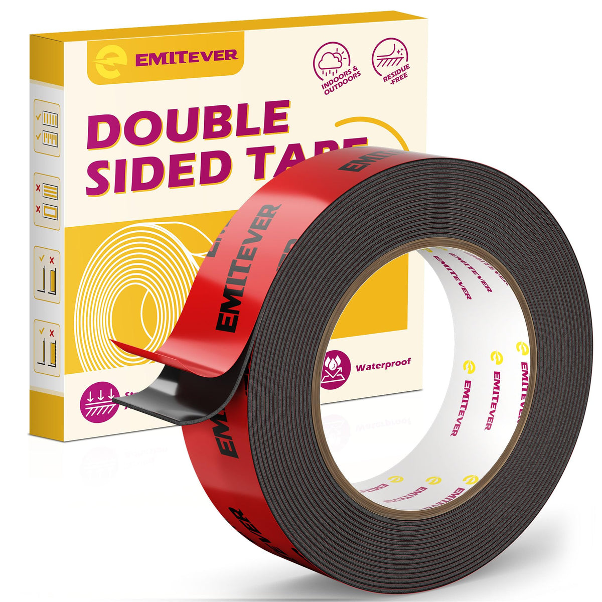 Emitever Heavy Duty Double Sided Tape - 5m x 25mm x 1.2mm Extra Strong Mounting Tape, Waterproof Acrylic Foam for Automotive/Car, LED Strips, Home &