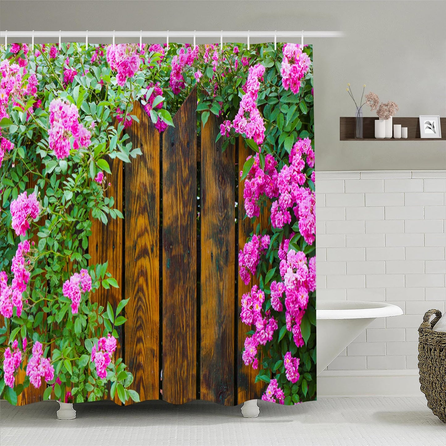 Simpomsy 3d Shower Curtain for Garden Scene Wood Fence Flowers, Garden Curtains Outdoor Nature Scenery Waterproof Cloth Fabric Bathroom Decor Set with