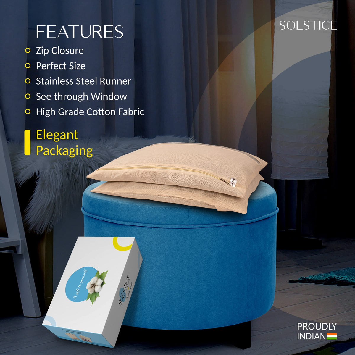 SOLSTICE Cotton Saree Bags, Covers for Storage Set with Zip Closure for Clothes Bags and Wardrobe Organizer with Transparent mesh window