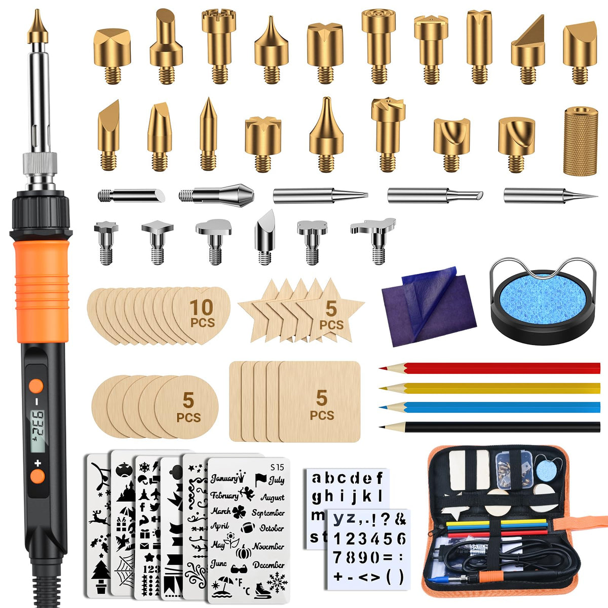 Preciva Pyrography Kit, 70pcs Wood Burning Kit with LCD Wood Burning Pen, 100W Engraving Pen, 200?-500? Adjustable Temperature Soldering Iron Kit,