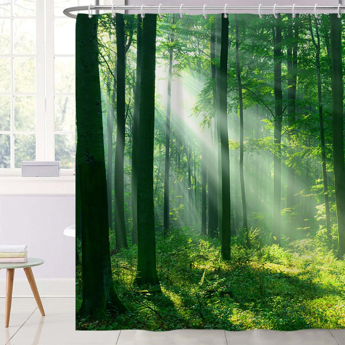 Ttincceer Green Forest Shower Curtain, Jungle Woodland Nature Scenery Bathroom Curtains with Hooks Tropical Rainforest Sunshine Modern Bath Decorative