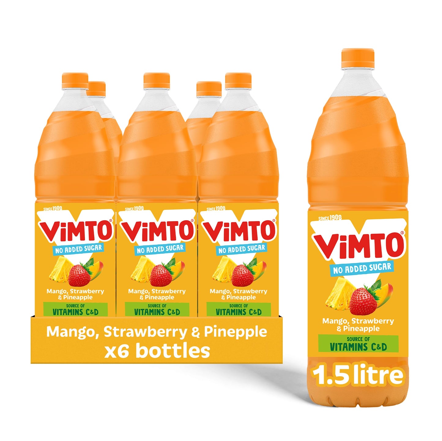 Vimto Mango, Strawberry & Pineapple Squash 1.5L (Pack of 6) ? Real Fruit Juice Concentrate, No Added Sugar, Refreshing Tropical Flavour, Dilutable