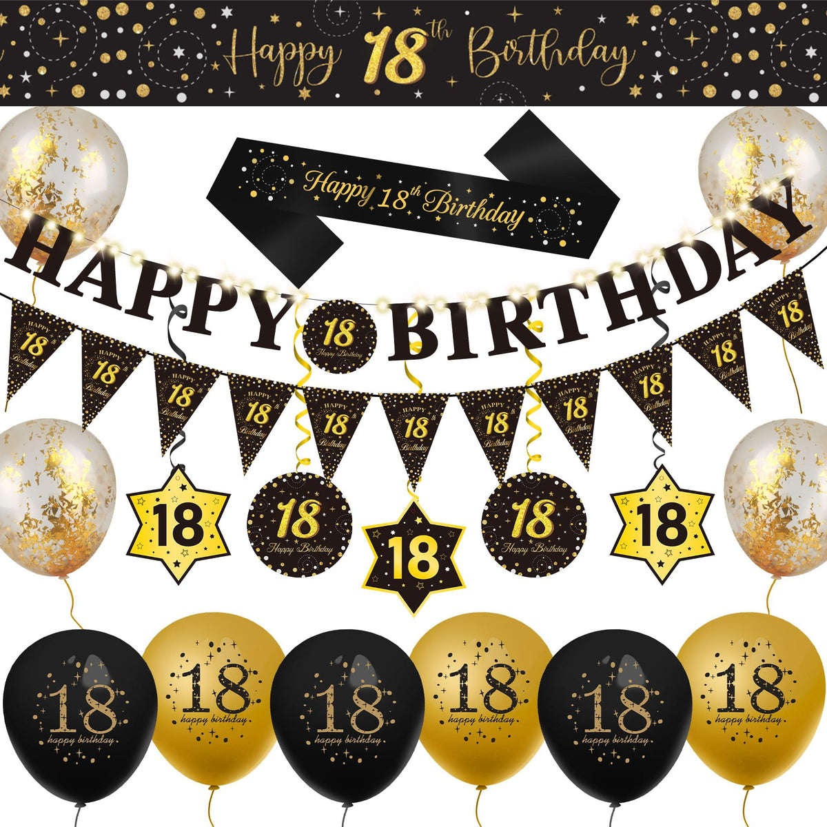 WenmthG 18th Birthday Decorations, 20 Pcs, Include Banner, Straps, Swirls, Triangle Flags, Confetti, Latex Balloons & 10Ft Light String for Women Men