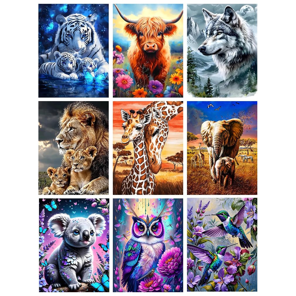 GJSZZO 9 Pack Diamond Painting Kits for Adults, Animal Diamond Art Kits for Beginners, 5D DIY Full Drill Lion Tiger Owl Wolf Diamond Arts Kits for
