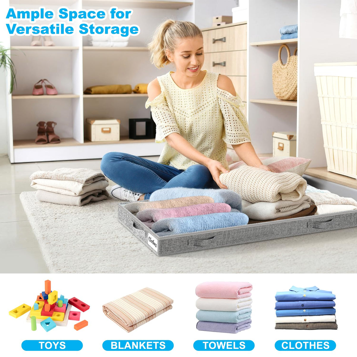 Underbed Storage Bags 2 Pack, 10cm Tall Large Under Bed Storage Box with zip, Foldable Shallow Wardrobe Storage Organiser with Clear Window &