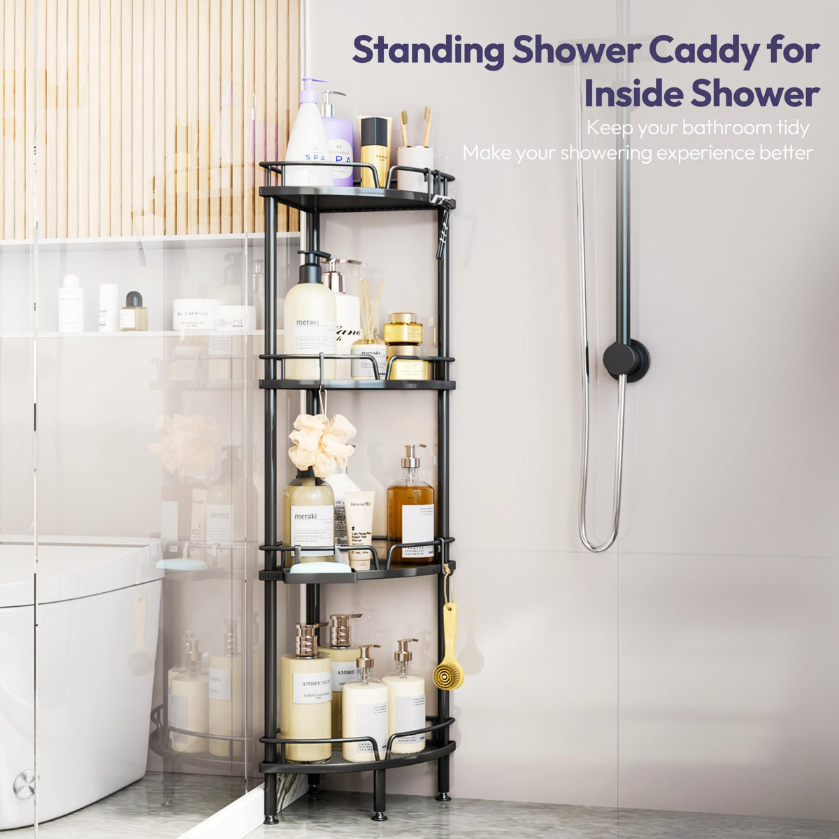 SWTYMIKI Corner Shower Caddy - 4 tier Bathroom Corner Shelf Shower Organizer Corner with 4 Hooks, Rust Free Standing Shower Caddy with Soap