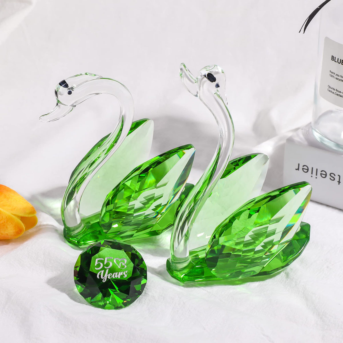 Set of 2 Crystal Green Swans for Wedding Gifts for Couple 55 Years Marriage Emeraled 55th Wedding Anniversary Presents for Parents Glass Swans