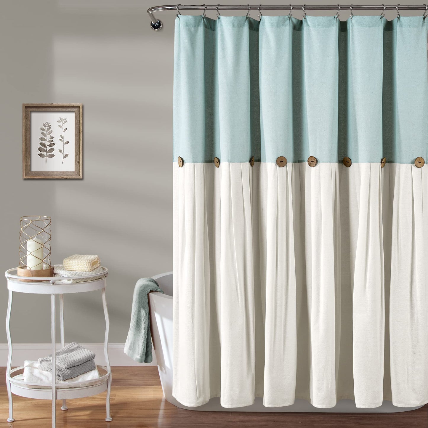 Lush Decor Linen Button Shower Curtain, 72" x 72", Blue & Off-White