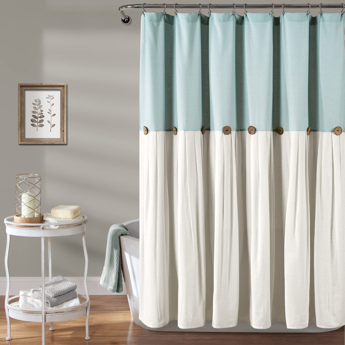 Lush Decor Linen Button Shower Curtain, 72" x 72", Blue & Off-White
