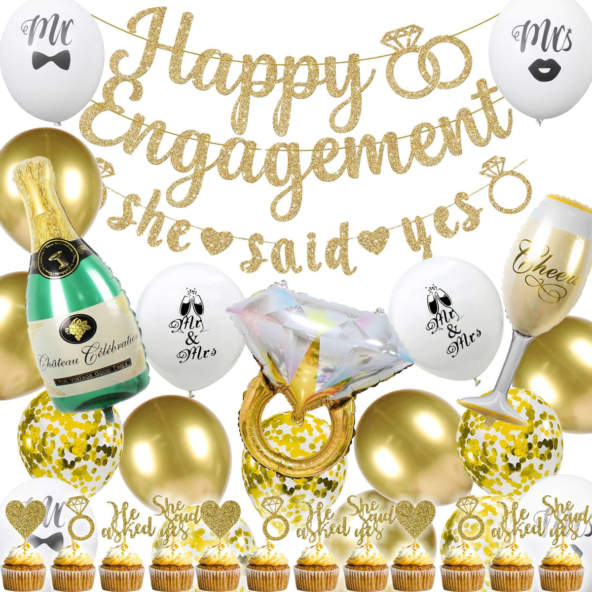 Engagement Party Decorations Banner Balloon- 35 Pcs Gold Glitter Happy Engagement She Said Yes Banners Cupcake Toppers Diamond Ring Wine Glass Bottle