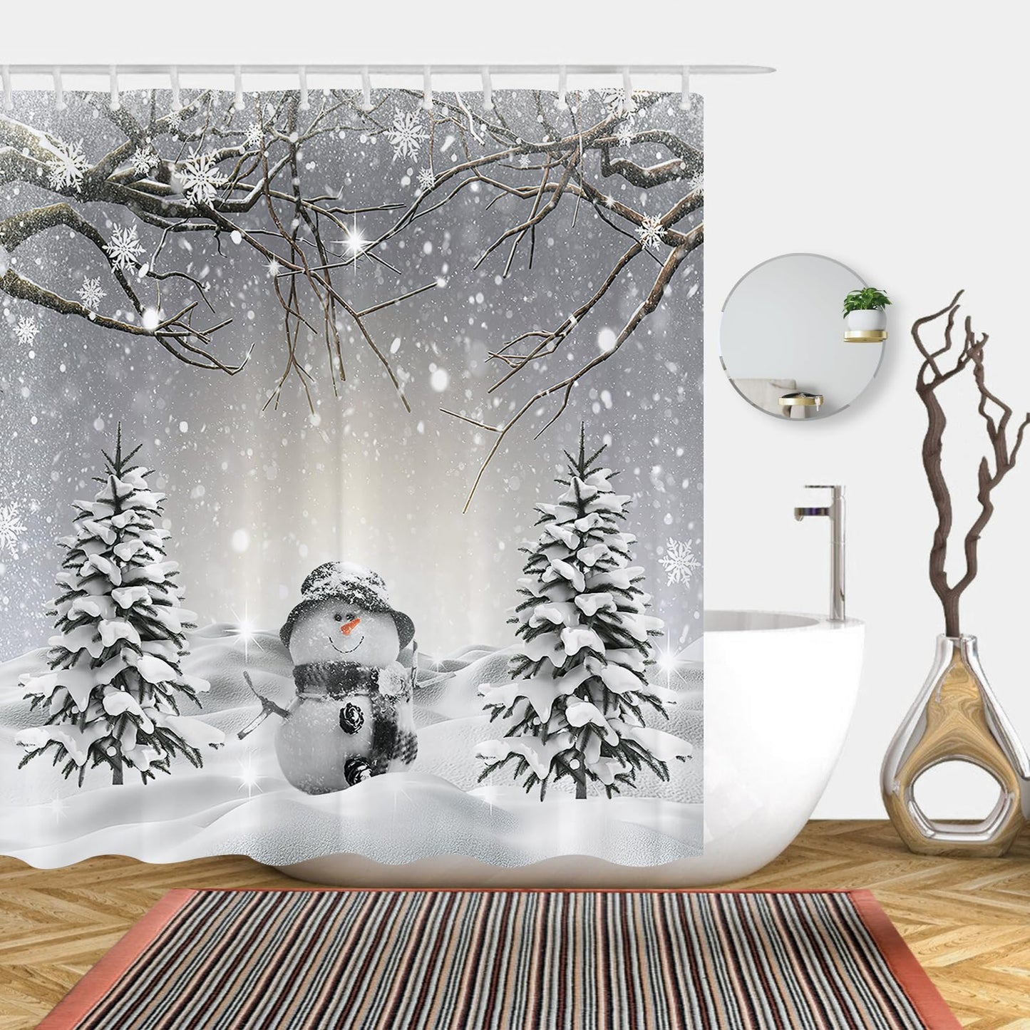 Abaysto Merry Christmas Winter Snowman Shower Curtain Xmas Tree Snowflake Scene Holiday Bathroom Decor Pine Tree Covered Snow Fabric Bath Curtains Set