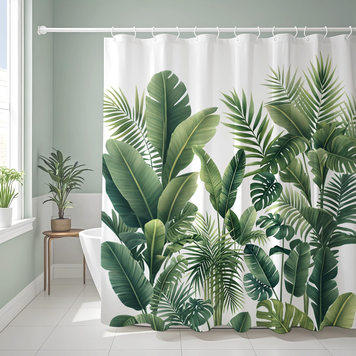Shower Curtain 200 x 200cm Green Shower Curtains Set Mould Mildew Proof Resistant 3D HD Nature Palm Leaves Bathroom Curtains Washable Weighted Hem