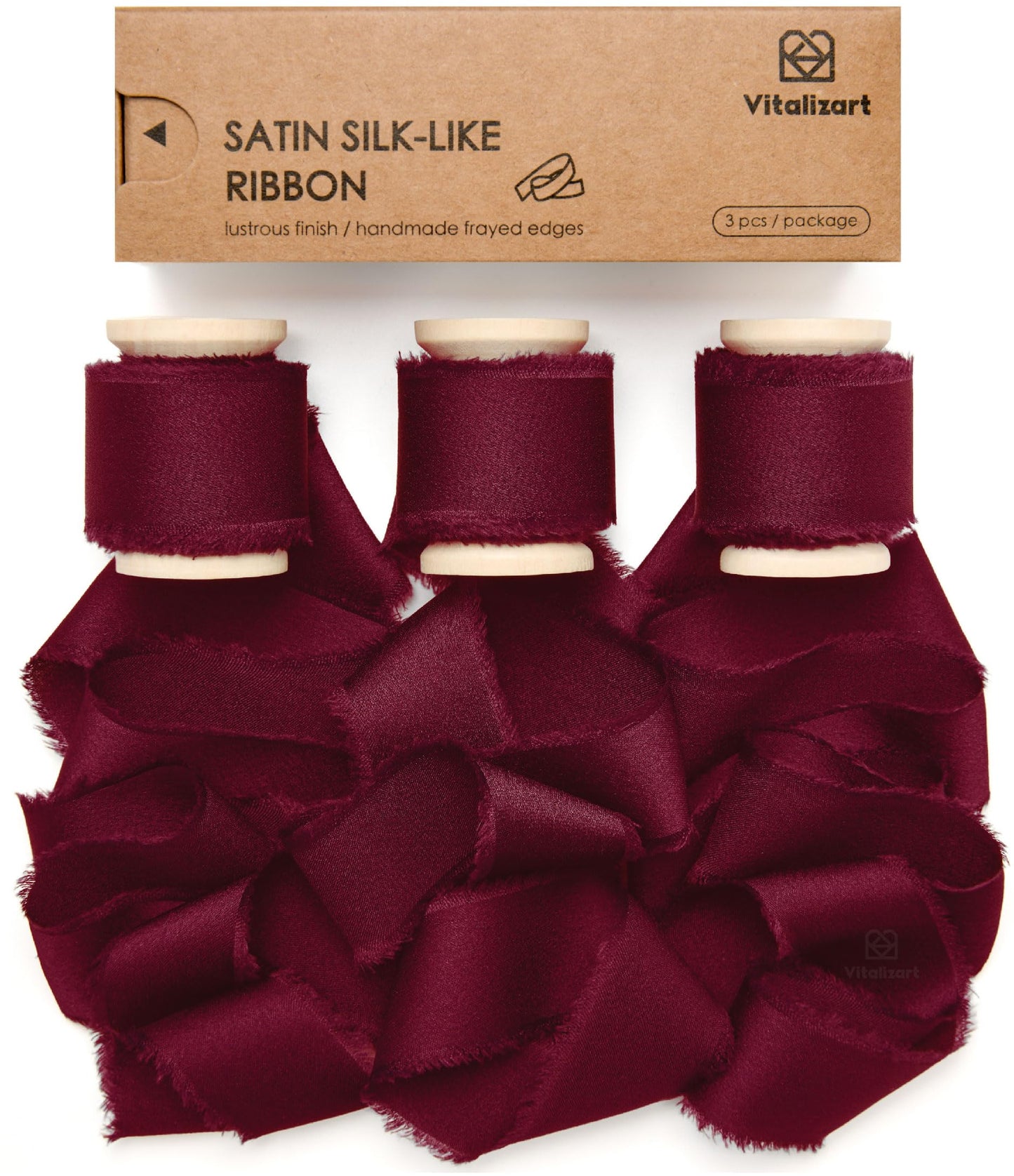 Vitalizart Burgundy Silky Satin Ribbon 1'' x 15 Yard Wooden Spool, Handmade Frayed Ribbon for Gift Wrapping Wedding Bridal Bouquets Autumn Decoration