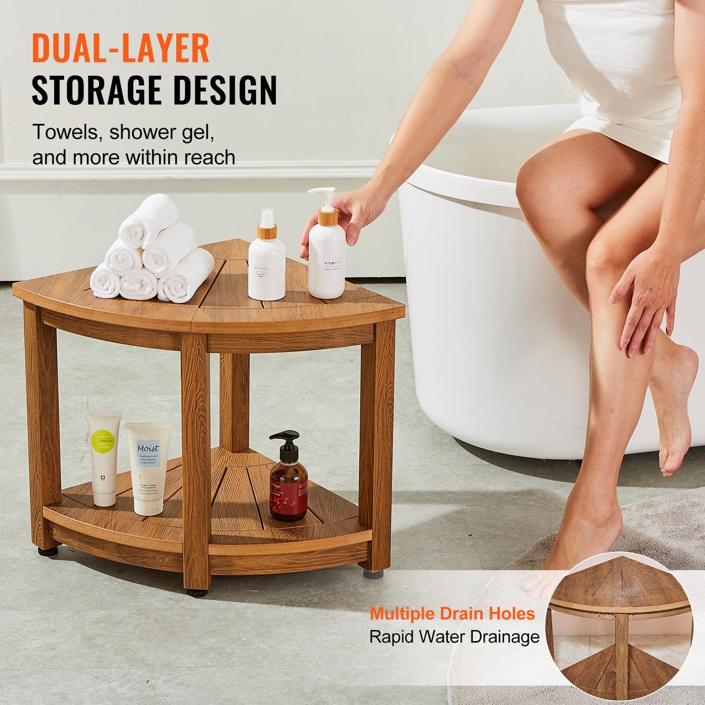 VEVOR Corner Shower Bench, 46cm Height 43cm Radius, Faux Wood Grain Polystyrene, 158kg with Storage Shelf, Water Resistant