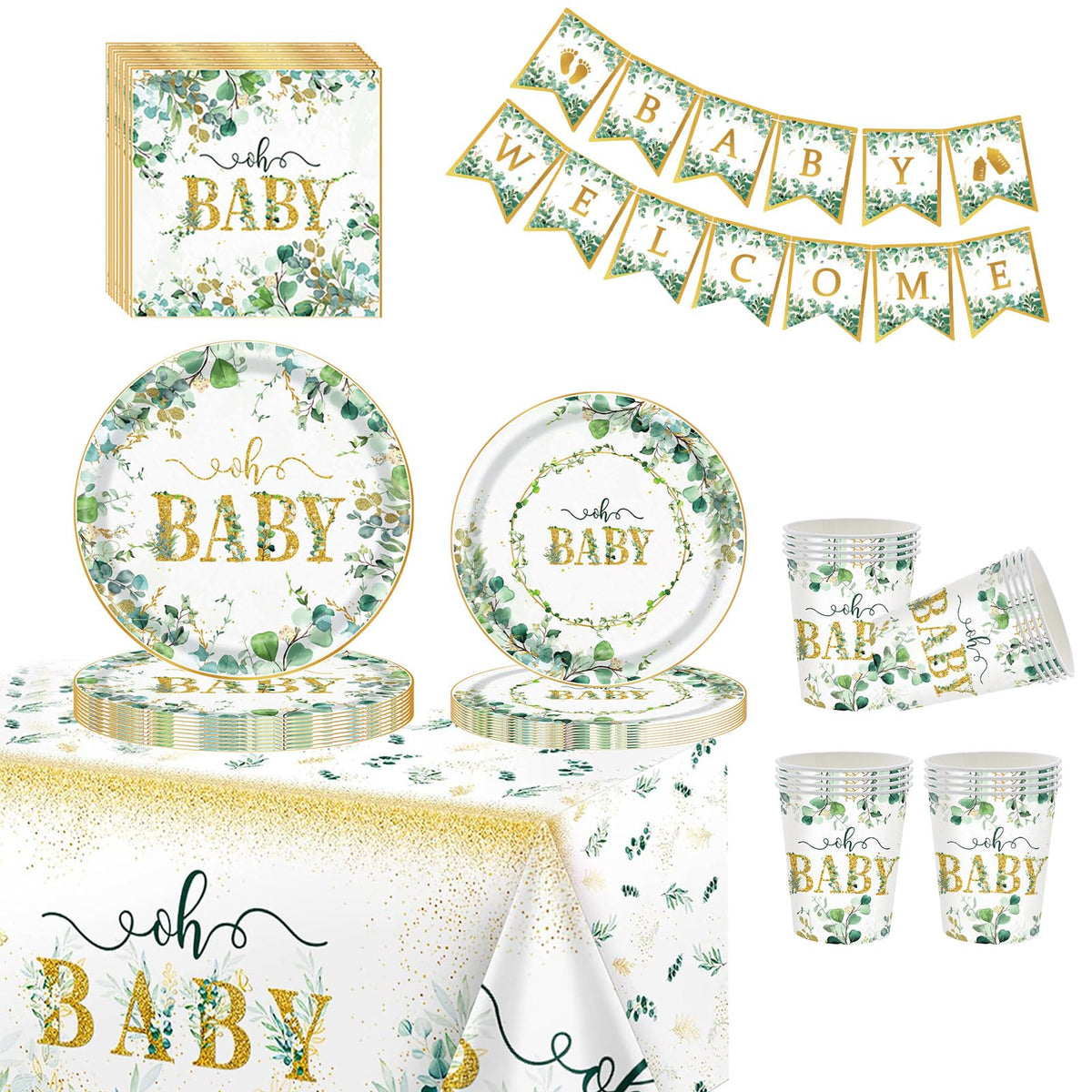 70P Sage Green Party Baby Shower Tableware Set, Eucalyptus Green Banner Paper Cups Napkins Plates (7in+9in) and Table Cloth, Gold Paper Dinnerware Kit