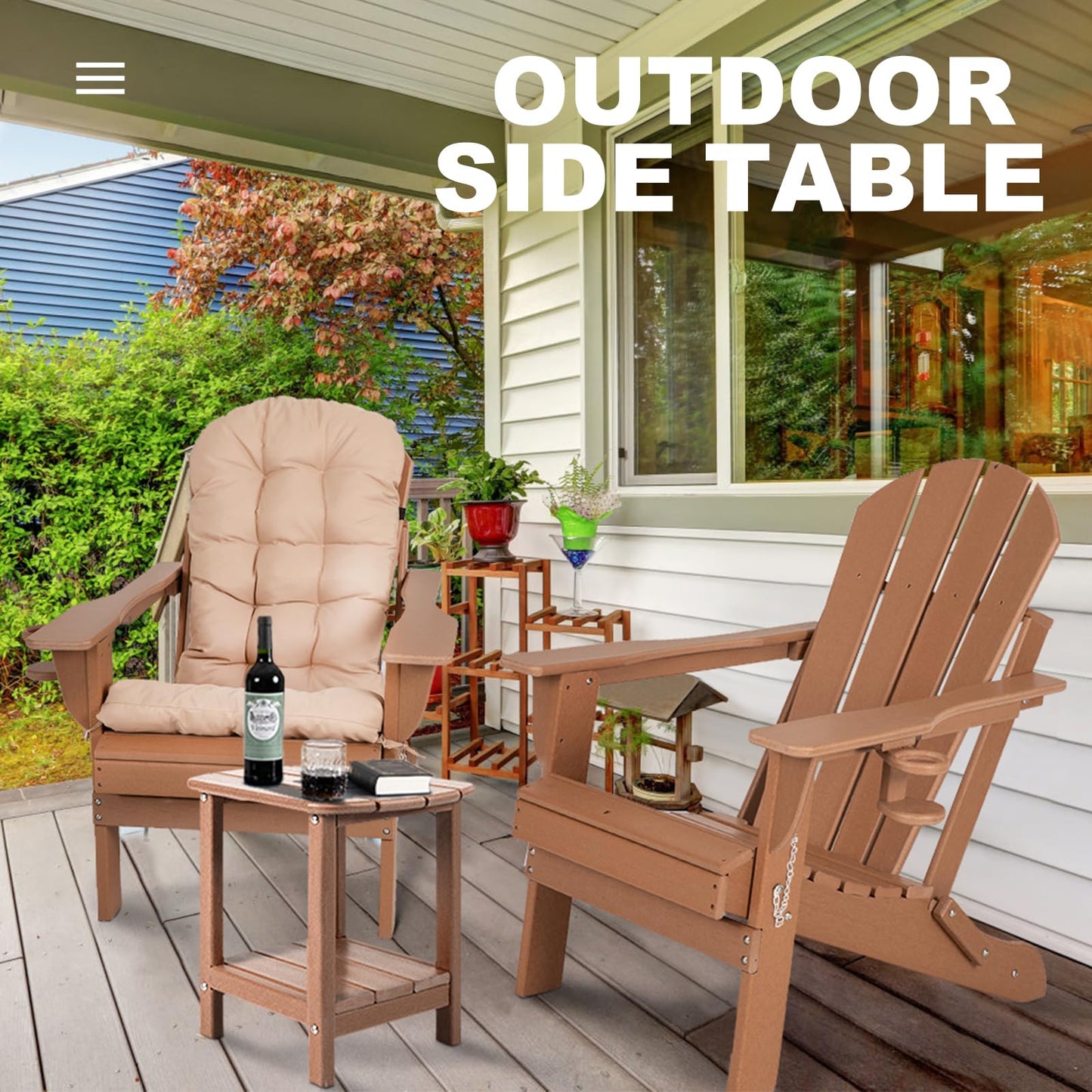 NALONE Adirondack Side Table 16.5" Outdoor Side Table HDPE Plastic Double Adirondack End Desk for Patio (Brown)