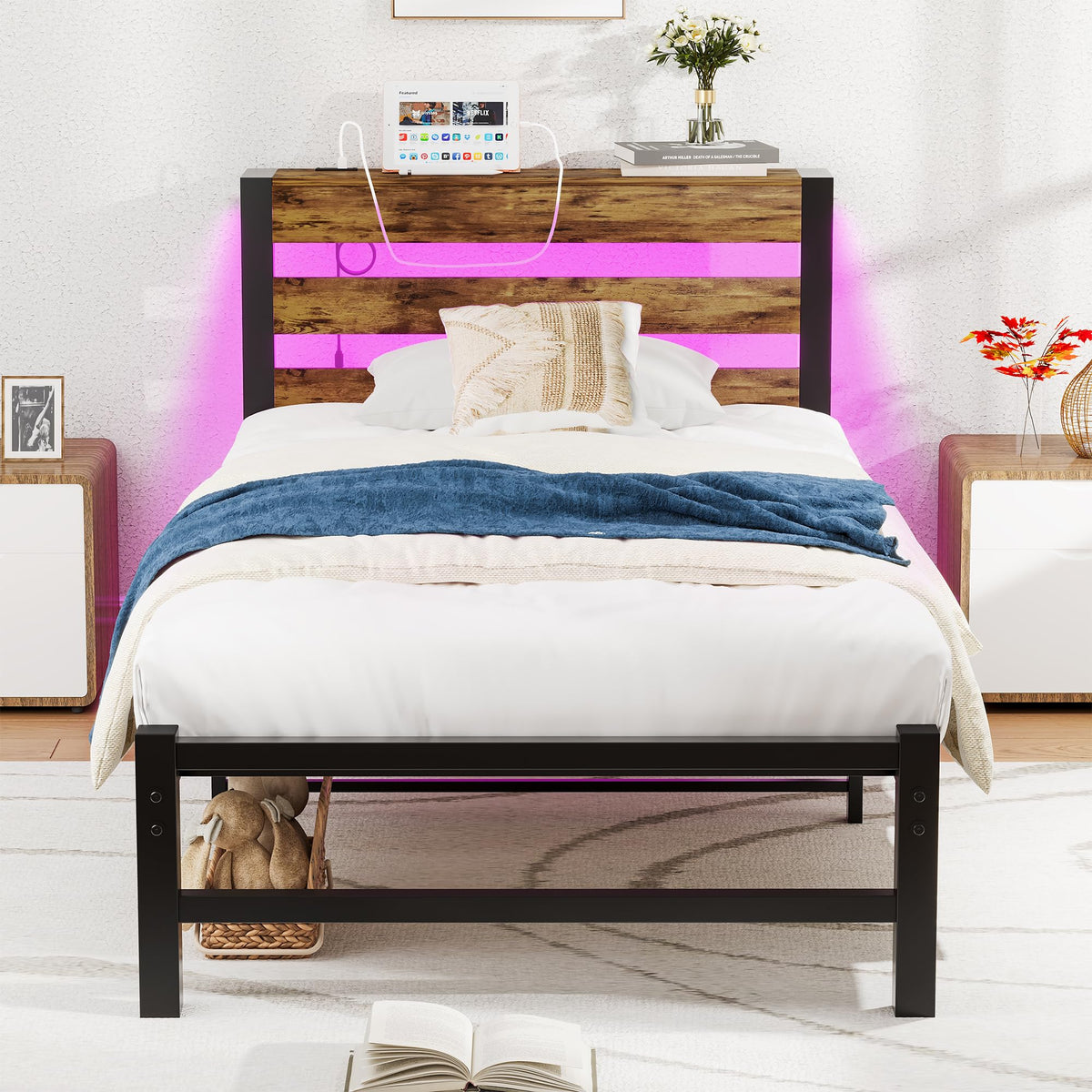 HOMERECOMMEND 3ft Single Bed Frame with USB Charging Station,LED Bed Frame with Wood Storage Headboard,Metal Platform Bed Frame Single size No Box