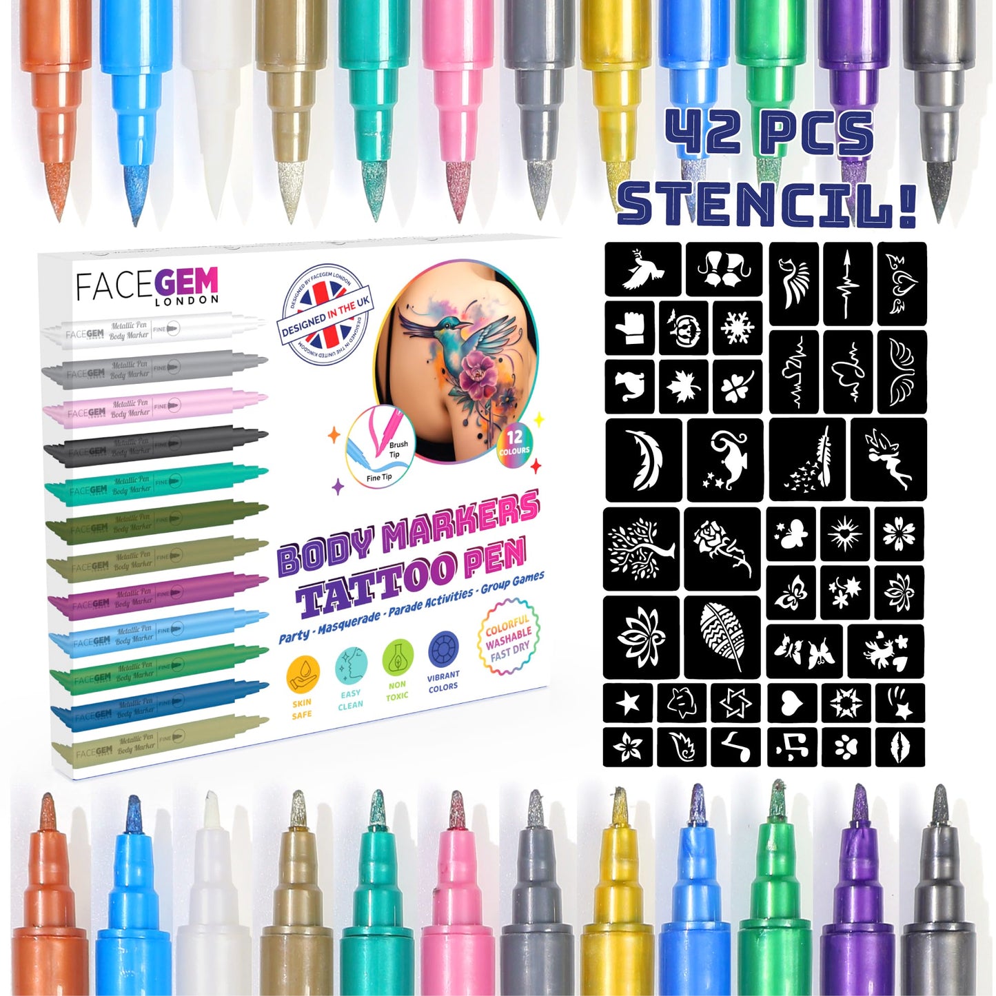 12 Metallic Temporary Tattoo Markers for Skin ? Create Temporary Tattoos with Dual-Tip Body Markers, Bold & Fine Lines, Waterproof, Fast-Drying,