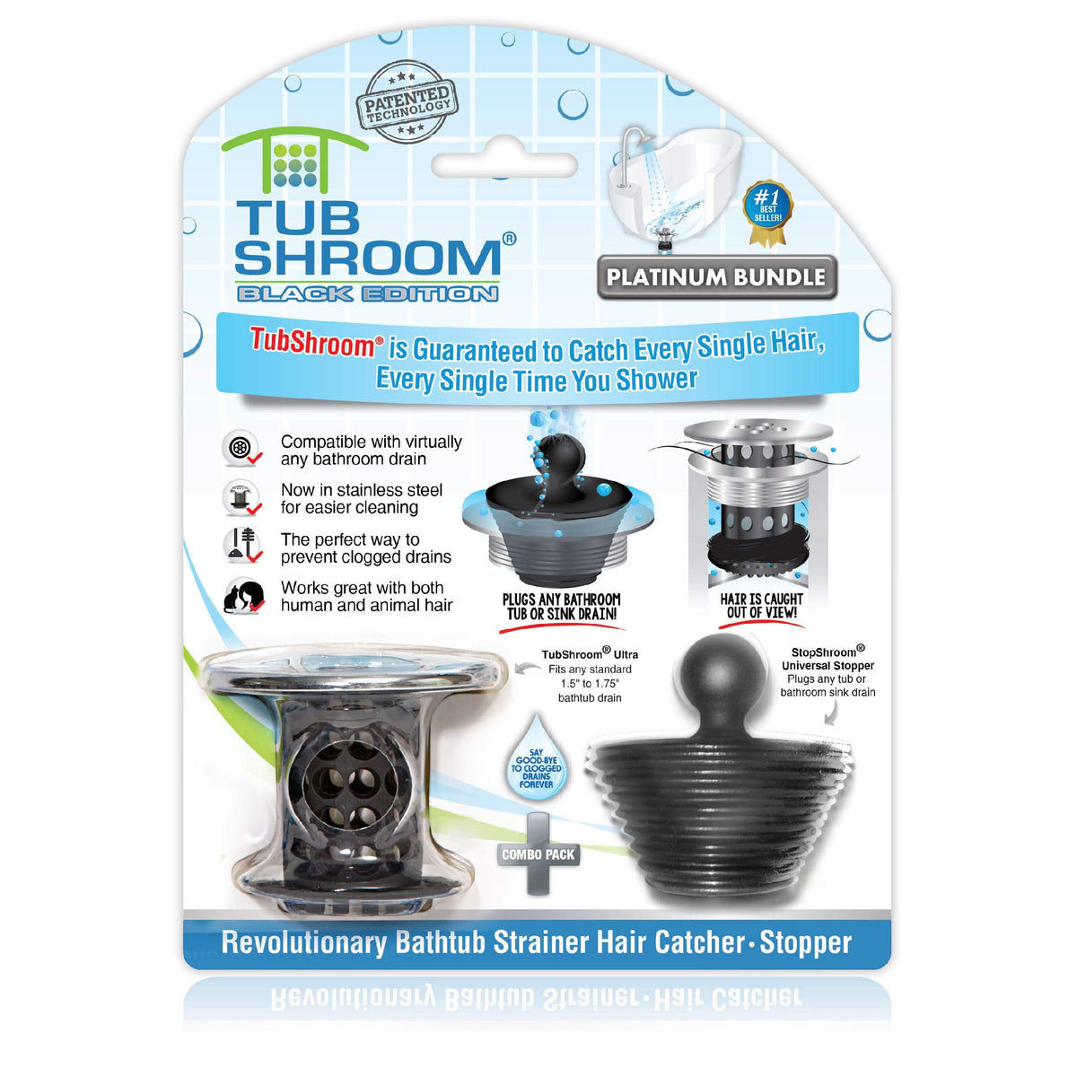 TubShroom Tub Drain Hair Catcher Combo Pack with Silicone Stopper, Black Chrome ? Protector and for Bathroom Drains, Fits 1.5? 1.75? Bathtub Shower
