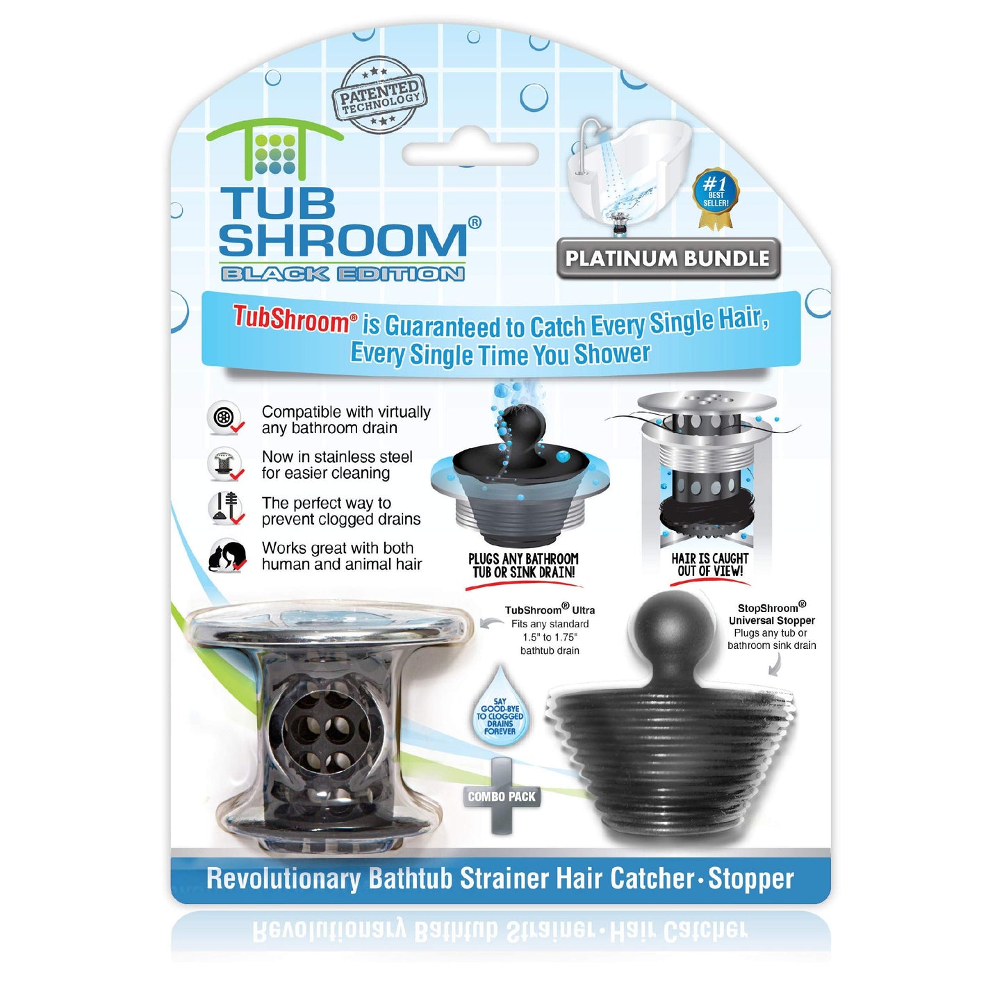TubShroom Tub Drain Hair Catcher Combo Pack with Silicone Stopper, Black Chrome ? Protector and for Bathroom Drains, Fits 1.5? 1.75? Bathtub Shower