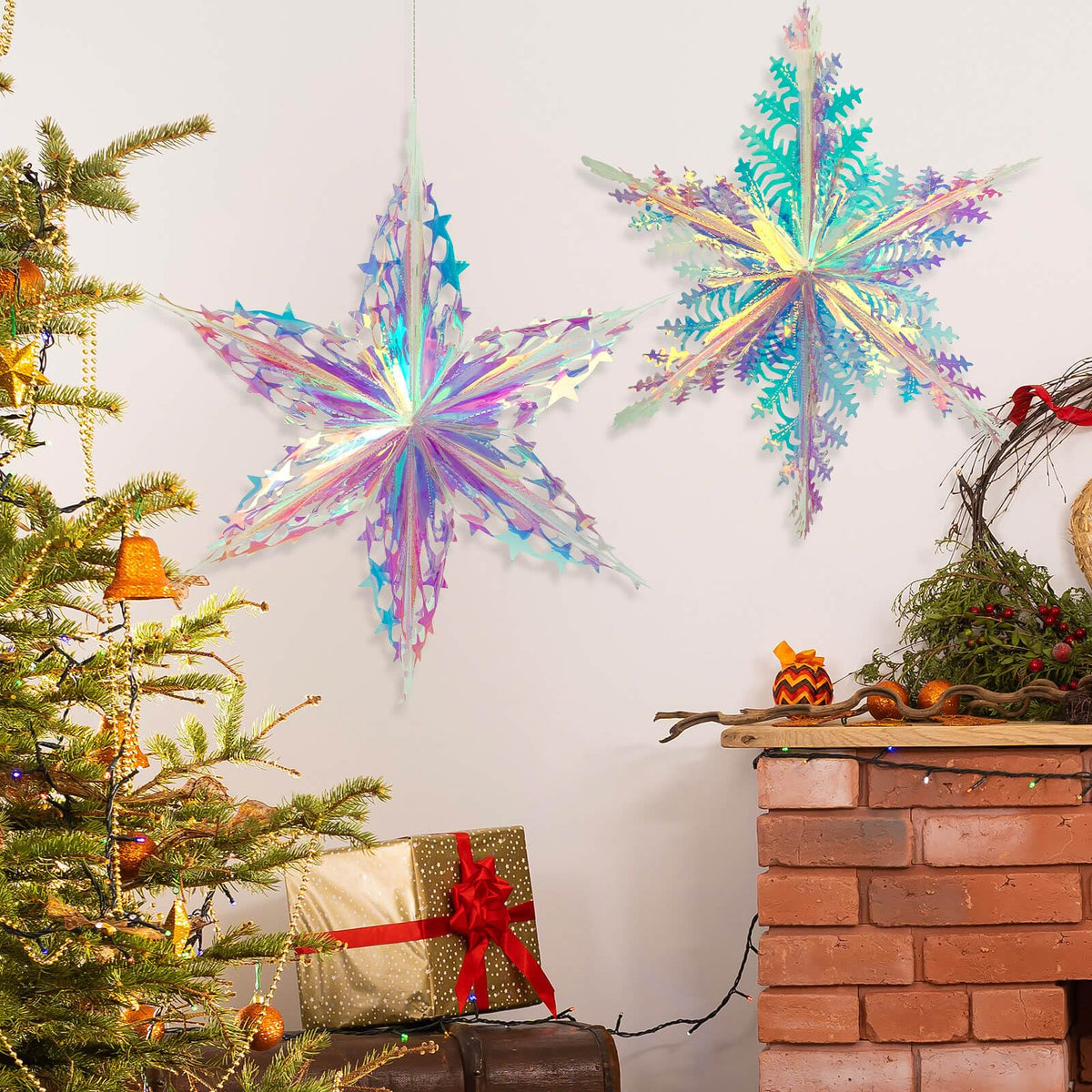 SONGTIY 2PCS Iridescent Honeycomb Snowflake Decorative Hanging Ornaments, Shiny Iridescent Foil Ceiling Garlands, for Chriatmas Birthday Wedding