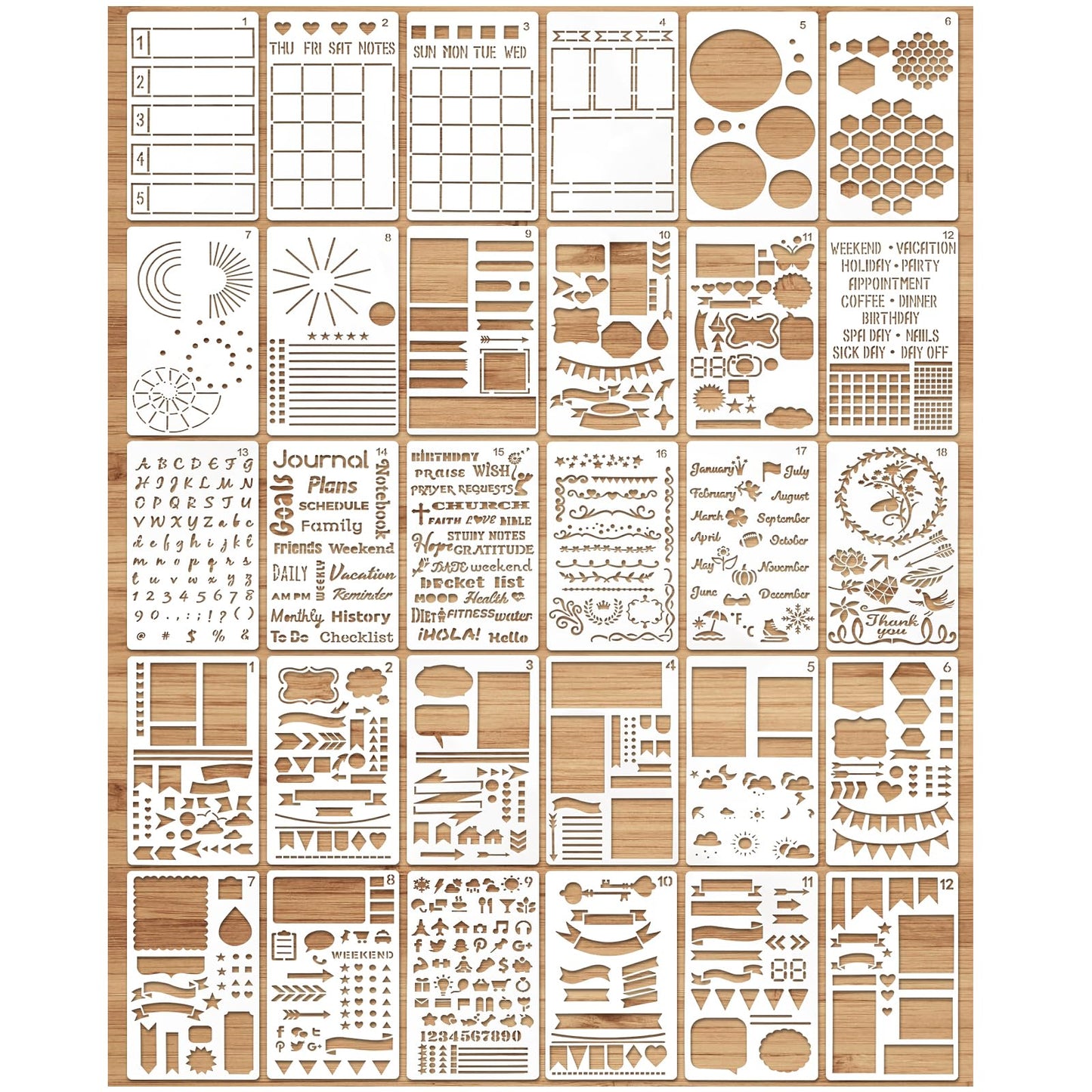 MWOOT 30Pcs Mixed Journal Stencils Kit, Planner Stencil Drawing Painting Template, Reusable Shapes Bullet Diary Journal DIY Supplies for Scrapbook