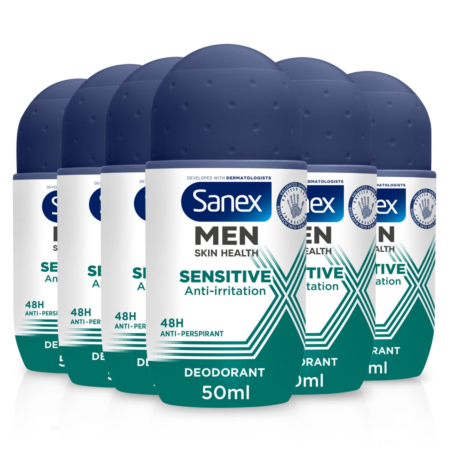Sanex Men Sensitive Antiperspirant Roll-On Deodorant 6x50ml - 48 hour sweat protection - odour-fighting formula - slows down odour release - gentle on
