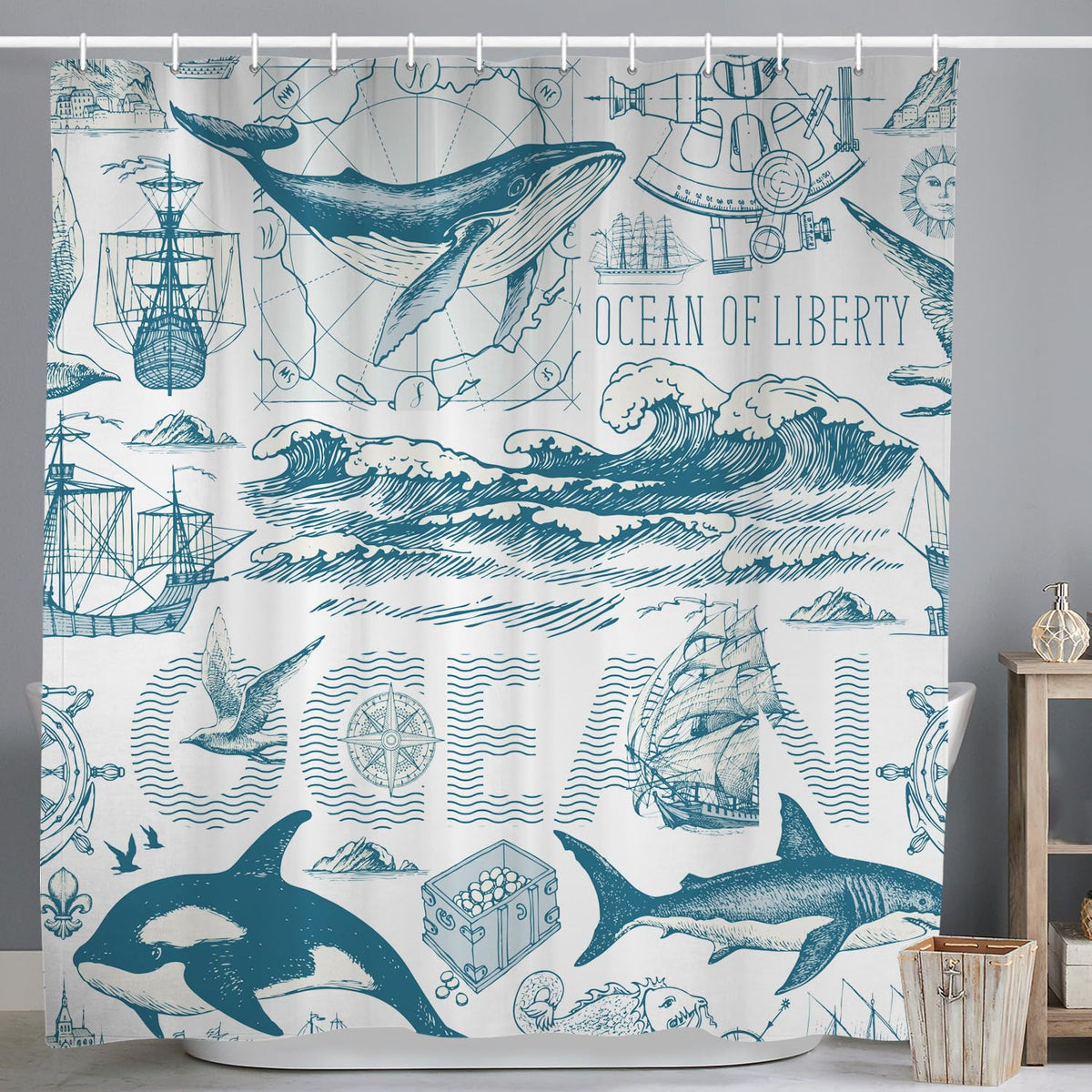 ASDCXZ Maritime Shower Curtain 180x200 cm, Maritime Nautical Sailboat Compass Sea Animals Octopus Shark Washable Shower Curtains Polyester Textile