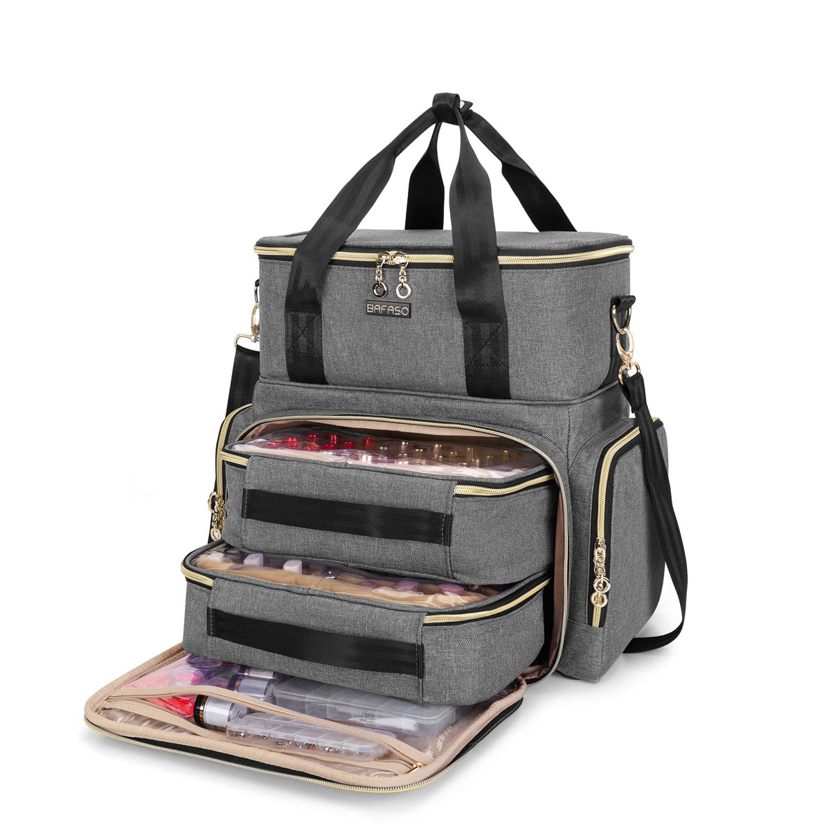BAFASO Double Layer Nail Polish Organiser Holds 70 Bottles (15ml - 0.5 fl.oz) and a Nail Dryer, Nail Polish Case with 2 Removable Pouches and Tools