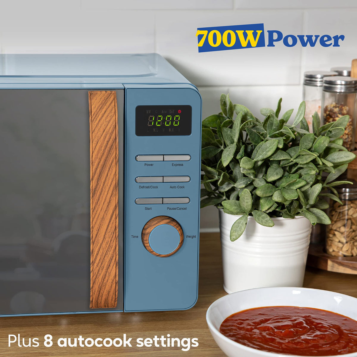Russell Hobbs RHMD714BL 17 L 700 W Scandi Blue Digital Microwave with 5 Power Levels, Wood Effect Handle & Dials, Clock & Timer, Automatic Defrost,