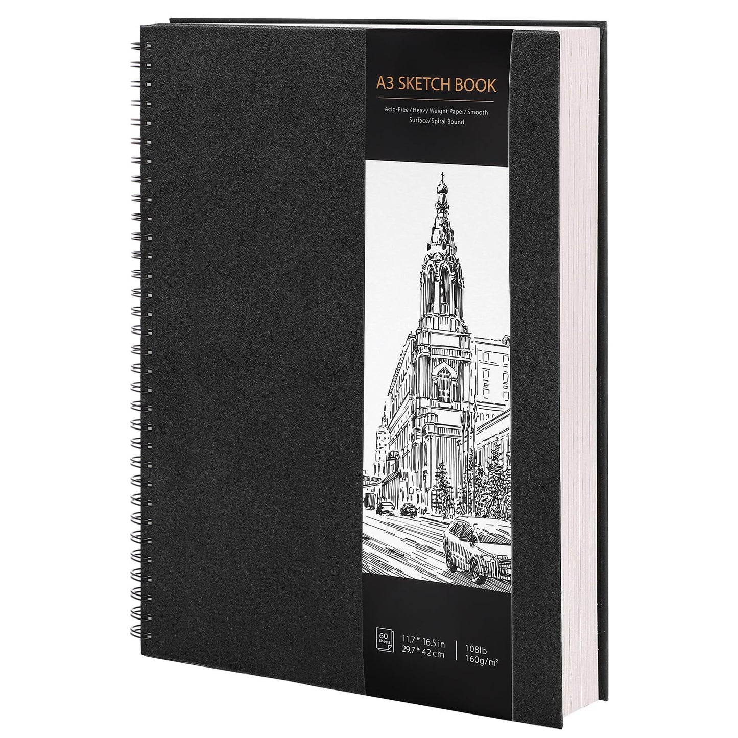 A3 Sketchbook, Spiral Hardcover Sketch Book, 160gsm Thick Paper Art Book, Drawing Pad for Sketching Art Projects, 60 Sheets / 120 Pages Sketch Pad A3