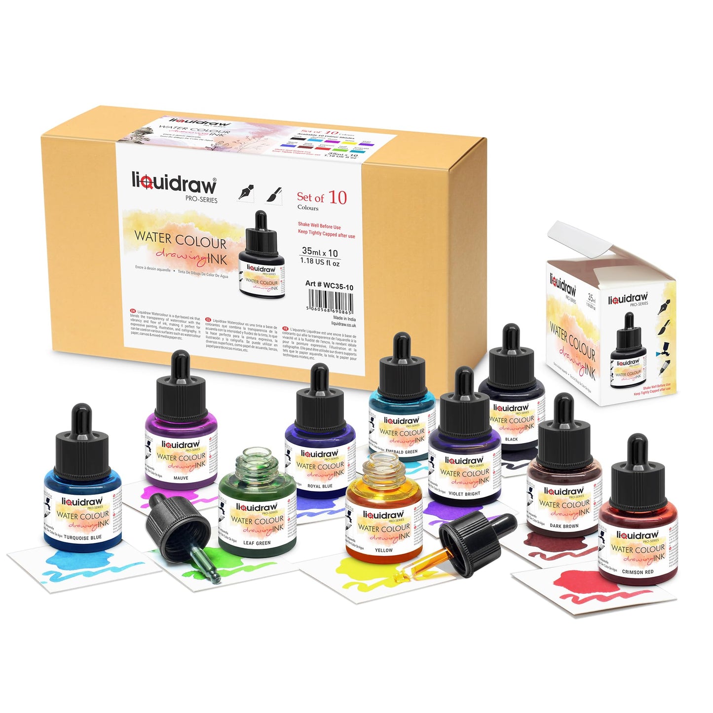Liquidraw Watercolour Drawing Ink - 10 Assorted Colours | 35 ml Bottles with Ink Dropper | Water Colour Inks for Drawing & Design | Suitable for