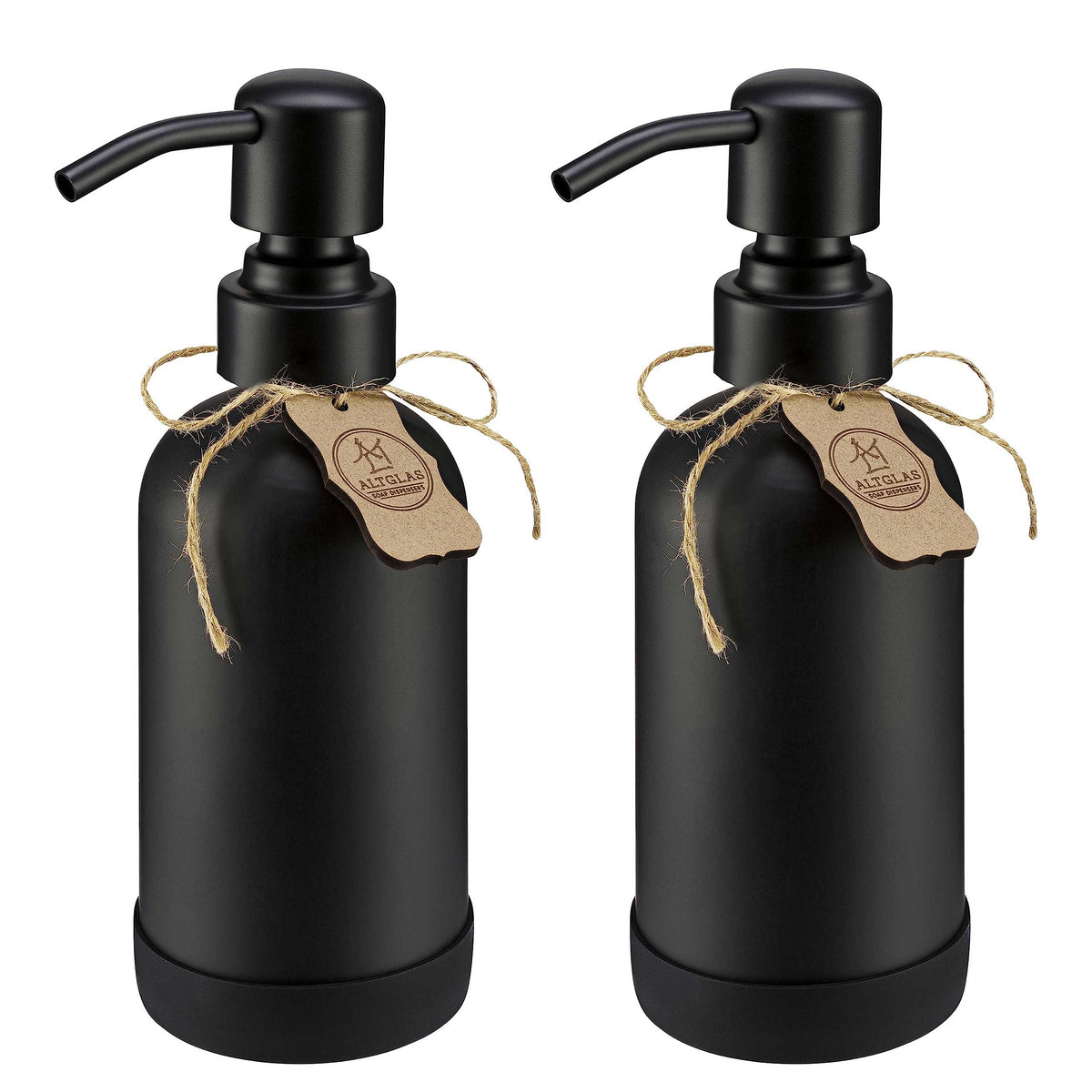 ALTGLAS Refillable Glass Soap Dispenser 'Sarajevo' from Small Black Bottle with Stainless Steel Pump and Silicone Coaster (250ml, Set of 2)
