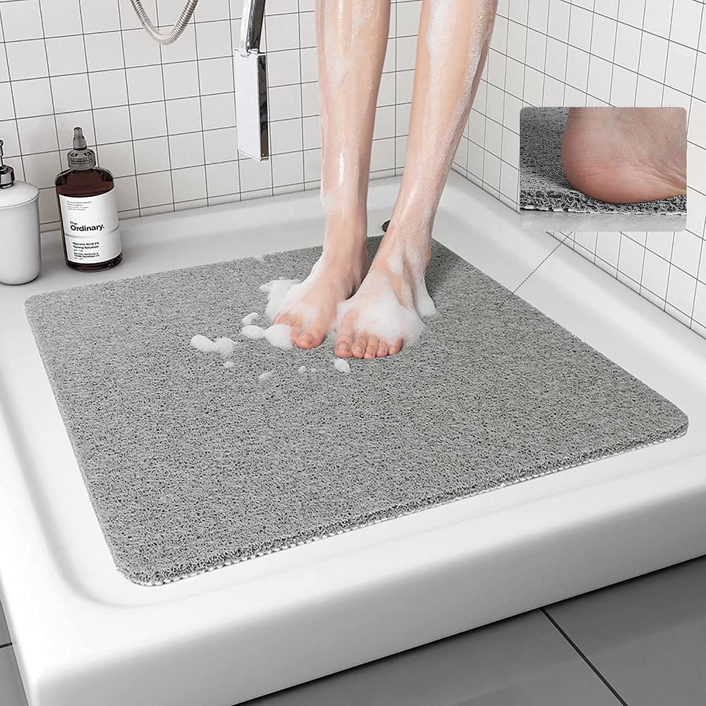 Shower Mat Non Slip Anti Mould: Bath Mats for Inside Bath- 53 x 53 cm Anti Slip Shower Mats for Inside Shower- Loofah Shower Mat Grey Square Washable