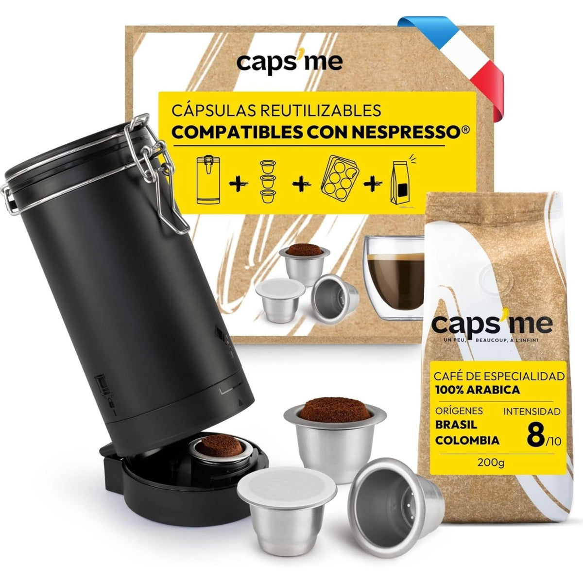 CAPS ME - Complete Refillable Capsule Kit for Nespresso Original (1 Shaker + 3 Reusable Stainless Steel Pods + 48 Paper Lids + Premium Coffee) -